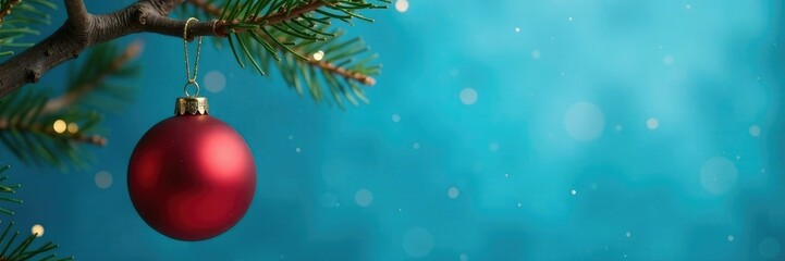 Blue background with red ball hanging from a wooden branch, holiday, blue, festive