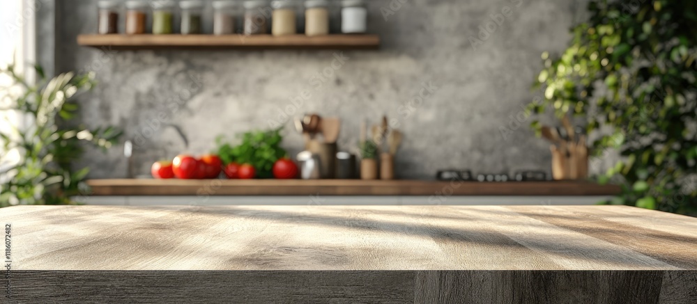 Aufkleber tabletop with a blurred kitchen background. with copy space image. place for adding text or design