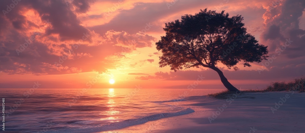 Aufkleber watching the sunset beneath the tree on the beach. with copy space image. place for adding text or d