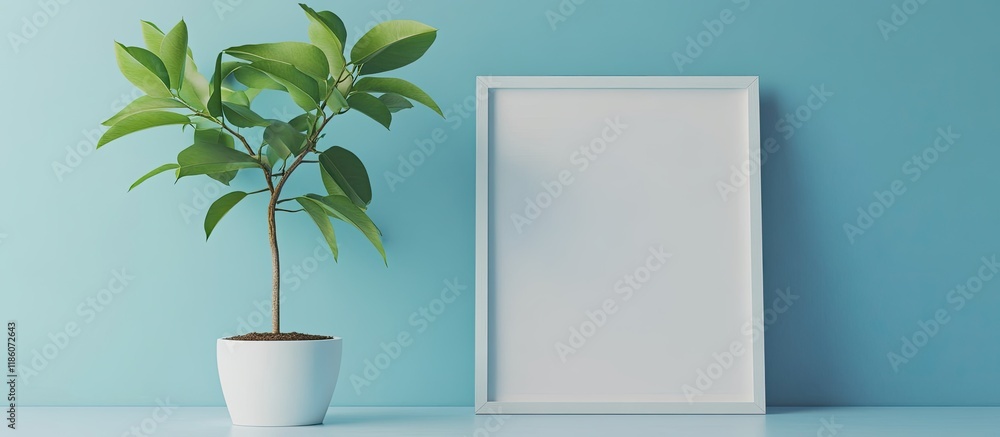 Leinwandbilder Potted citrus tree with an empty frame on a table against a colored background Room for text. with copy space image. Place for adding text or design