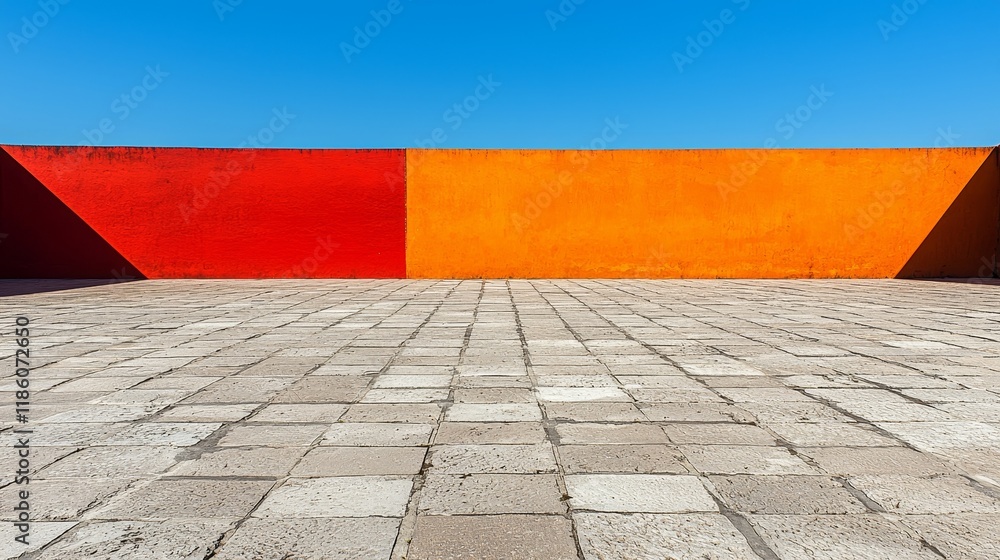 Poster the scene unfolds with a sleek white building complementing a bold red structure on a vast terrace, 