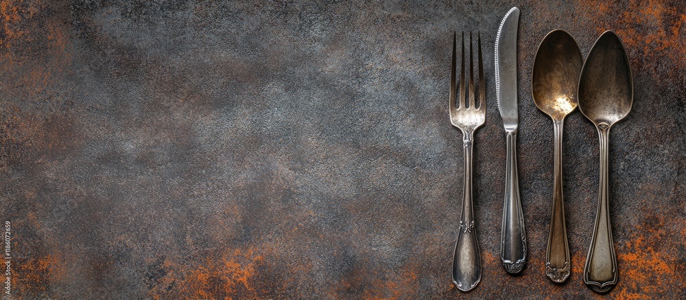 Aufkleber rustic cutlery used for eating or serving food spoons forks shiny and attractive background copy spa