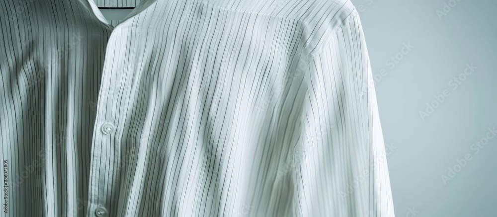 Poster closeup of a long sleeved white striped shirt hanging. with copy space image. place for adding text 