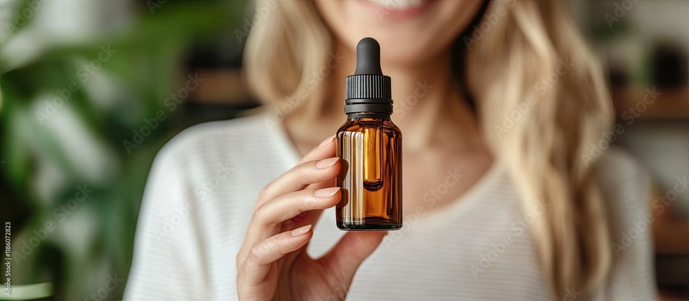 Aufkleber young woman holding a bottle of essential oil at home area for text. with copy space image. place fo