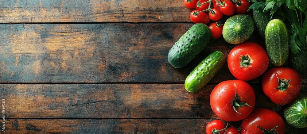 Poster a collection of fresh vegetables on the kitchen table juicy tomatoes peppers and cucumbers on a wood