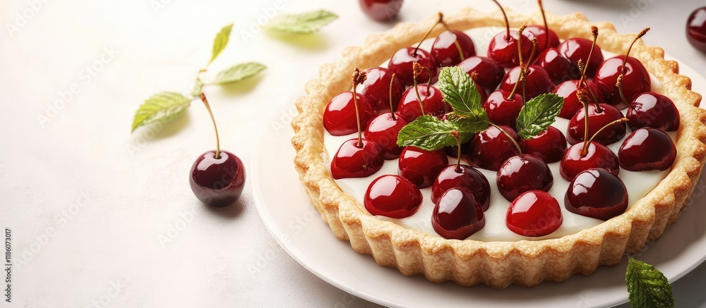 Poster pastry tart a delicate crispy and crumbly dessert filled with cherries in their own juice and mint a