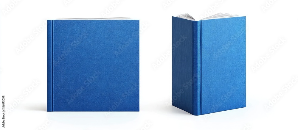 Poster Front and back views of a blue book cover set against a white background. with copy space image. Place for adding text or design