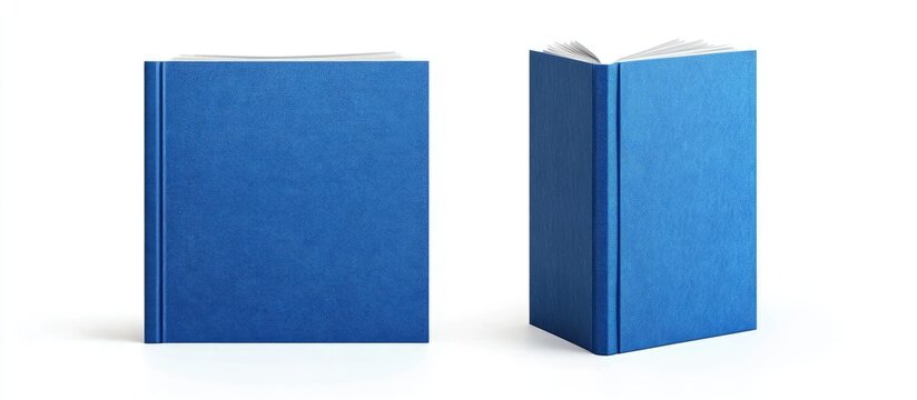 Front and back views of a blue book cover set against a white background. with copy space image. Place for adding text or design