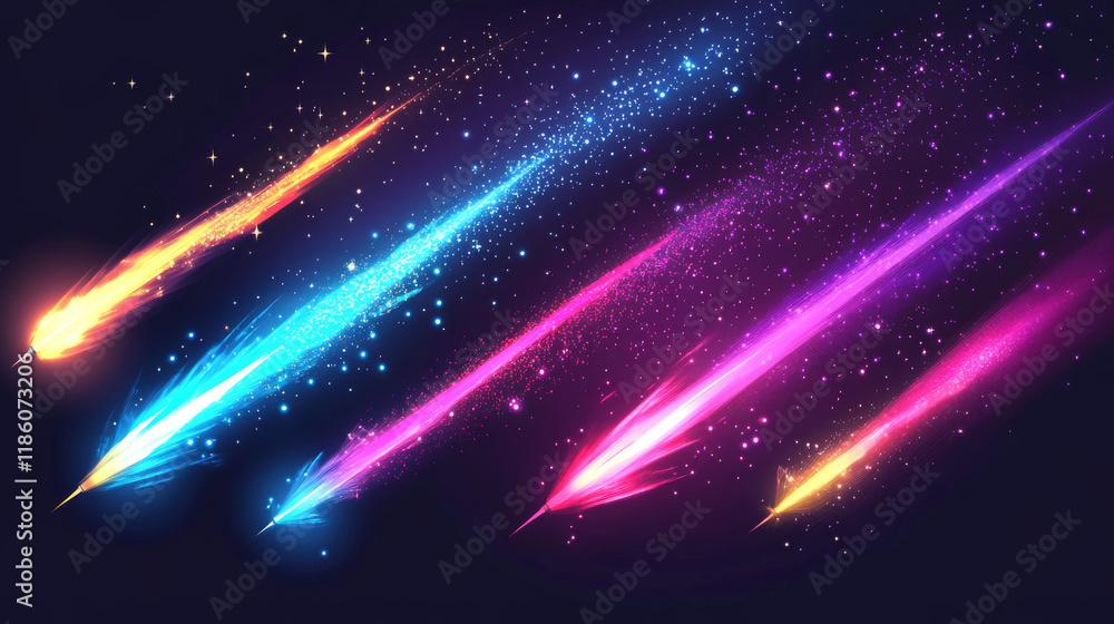 Poster glowing flying arrow with vfx motion effect. realistic vector illustration set of luminous missile t