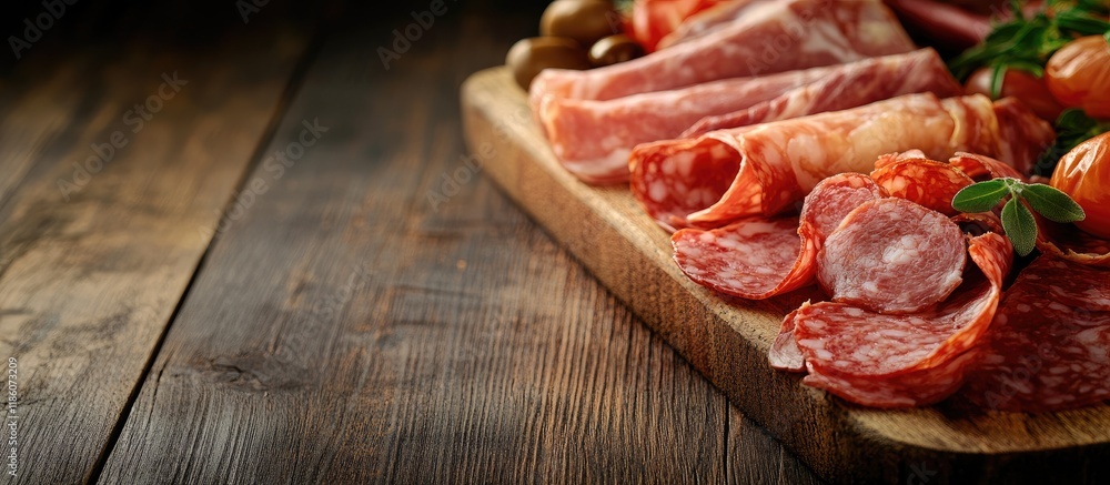 Leinwandbilder board featuring a variety of delicious deli meats on a wooden surface. with copy space image. place 