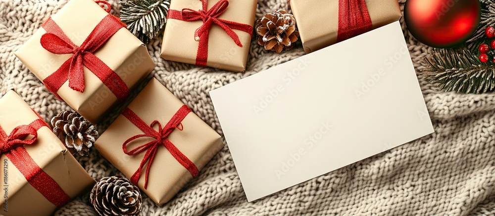 Poster christmas backdrop featuring decorations and gift boxes on a knitted blanket xmas gifts alongside a 