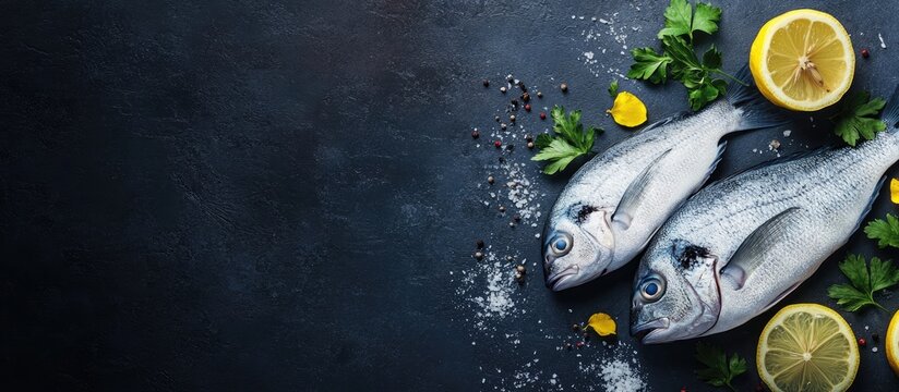 Fresh raw sea bream fish dorado garnished with lemon slices herbs and parsley on a dark background Healthy food concept top view copyspace