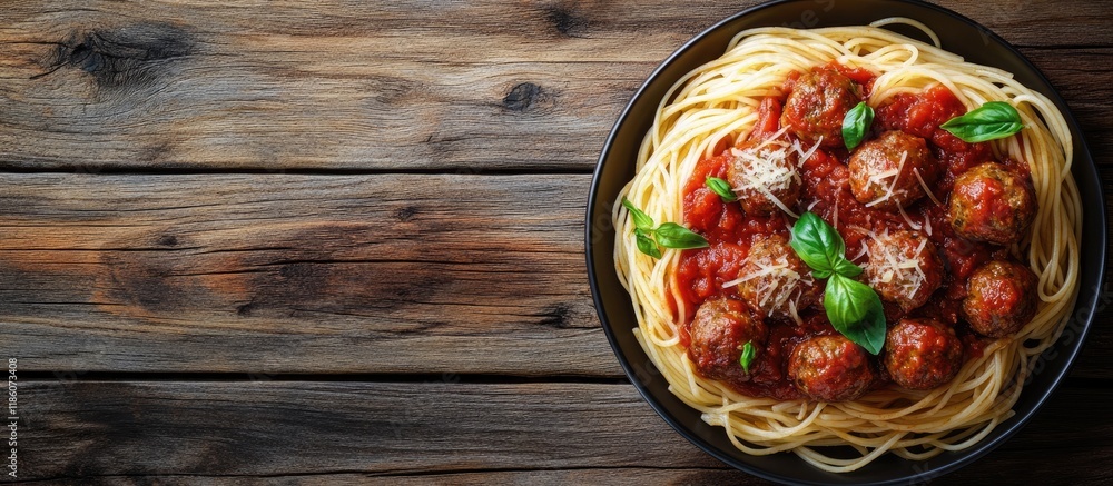 Leinwandbilder spaghetti pasta with meatballs and tomato sauce served on a wooden surface top view. with copy space