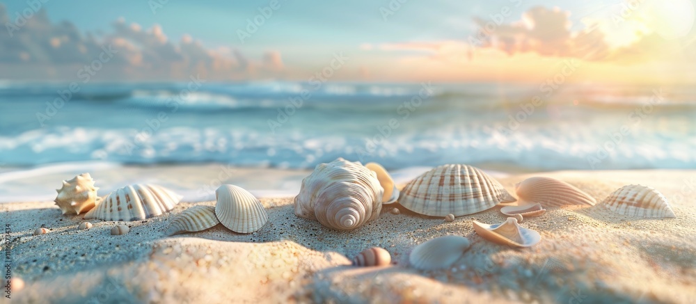 Aufkleber shells on the shore of the beach. with copy space image. Place for adding text or design