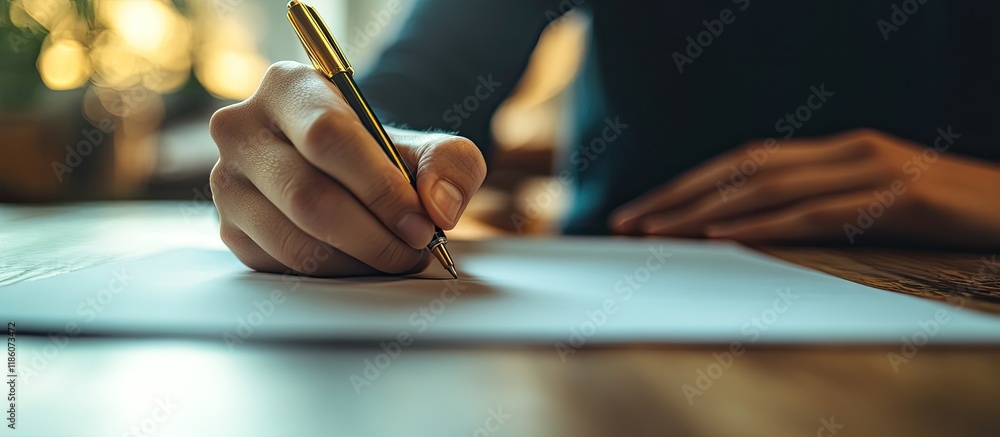 Aufkleber Close up of a human hand writing on paper in the foreground. with copy space image. Place for adding text or design
