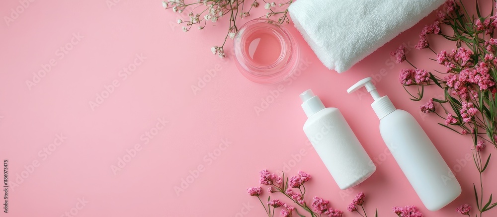 Poster Flat lay arrangement featuring personal care products on a pink background Area for text. with copy space image. Place for adding text or design