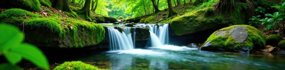 Obraz premium cascading water over moss-covered rocks in a dense green forest, trees, nature