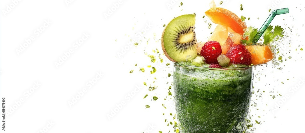 Poster green smoothie with fruits and vegetables set against a white background. with copy space image. pla