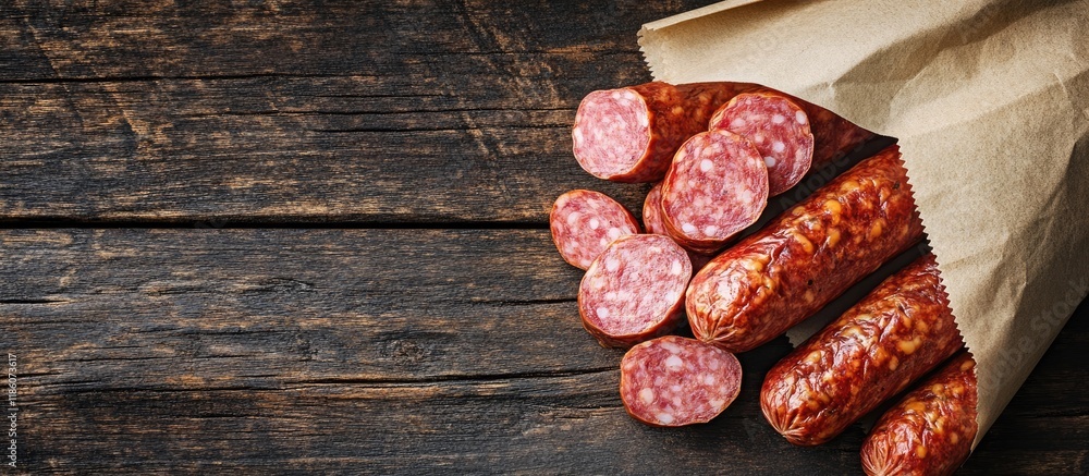 Leinwandbilder smoked sausage and sliced finnish salami wrapped in paper placed on a wooden background. with copy s