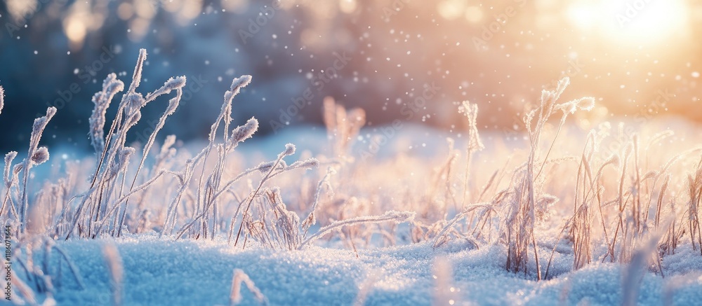Leinwandbilder frosty grass covered in snow in a winter forest. with copy space image. place for adding text or des