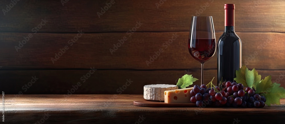 Poster arrangement of wine fresh grapes and cheese on a wooden surface. with copy space image. place for ad