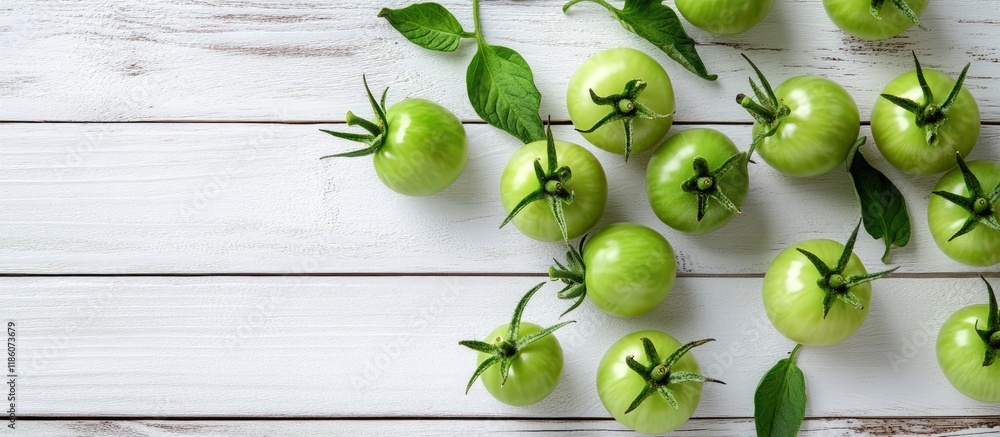 Aufkleber green unripe tomatoes on a white wooden surface top view. with copy space image. place for adding te