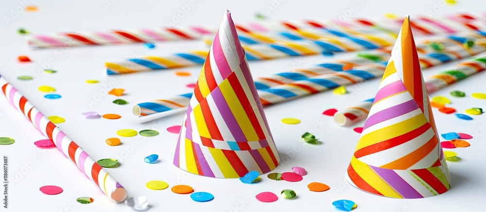 Poster birthday party hats paper straws candy and confetti on a white background. with copy space image. pl