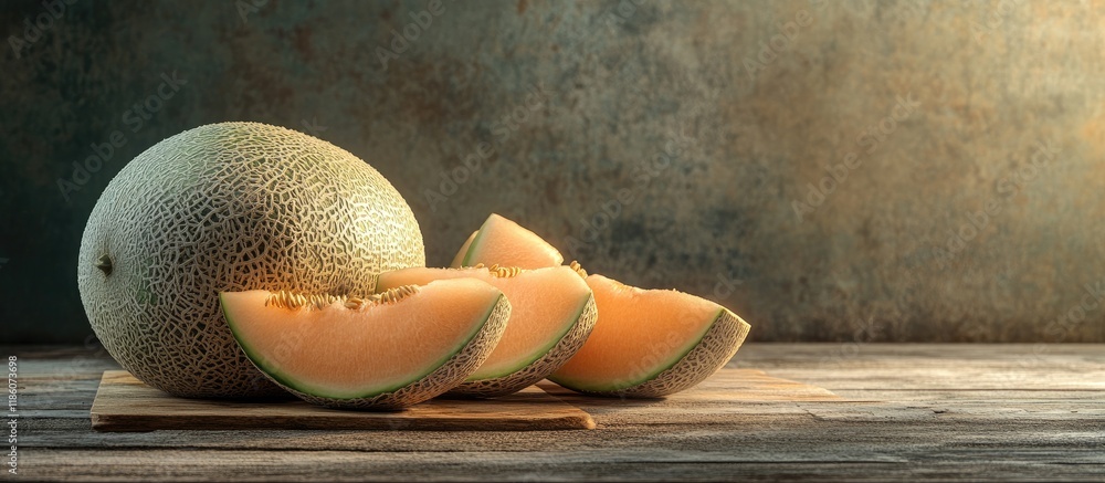 Aufkleber Whole and sliced fresh ripe melons on a wooden table Room for text. with copy space image. Place for adding text or design