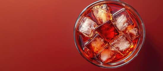 Americano cocktail consisting of red vermouth bitters soda water and ice cubes presented from a top view. with copy space image. Place for adding text or design