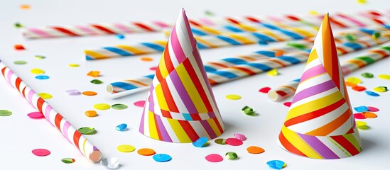 Birthday party hats paper straws candy and confetti on a white background. with copy space image. Place for adding text or design