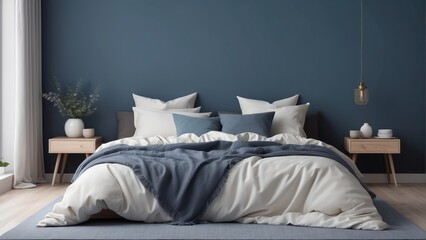 cozy home bedroom interior with unmade bed, beige plaid and cushions on empty Stormy Blue
