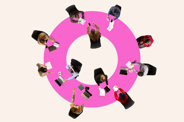 Conceptual graphic design. Group of people sitting around pink circular table, using devices,...