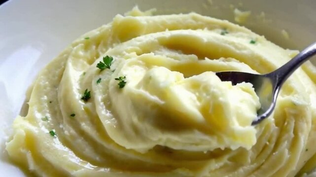 Buttery sheen mashed spoon lifts folds parsley flecks vibrant top or Mashed potatoes buttery sheen spoon