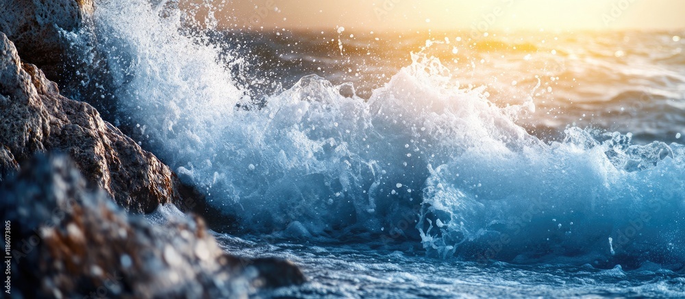 Leinwandbilder waves crashing onto a rocky shore. with copy space image. place for adding text or design