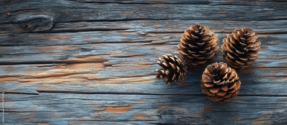 Fototapete cap and cones on a wooden surface. with copy space image. place for adding text or design
