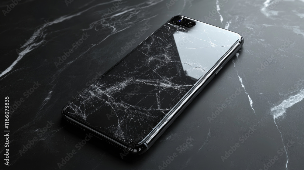 Poster mobile phone with broken screen set front and side view, smashed smartphone, shattered electronics d