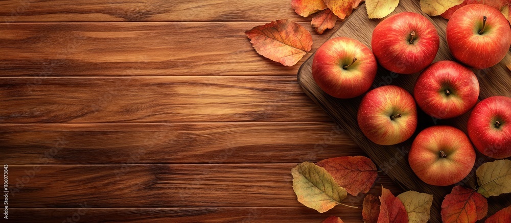 Poster autumn apples with leaves on a wooden board top view. with copy space image. place for adding text o