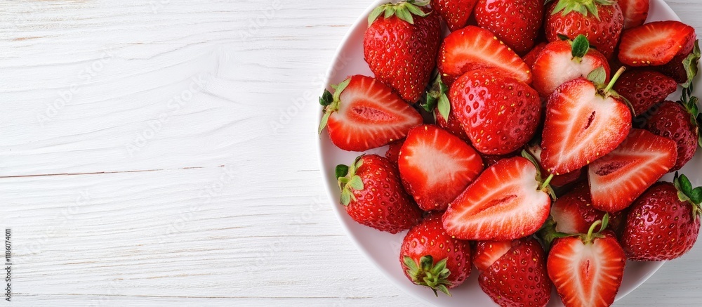 Poster sliced strawberries on a white wooden surface berry background featuring space for text selective fo