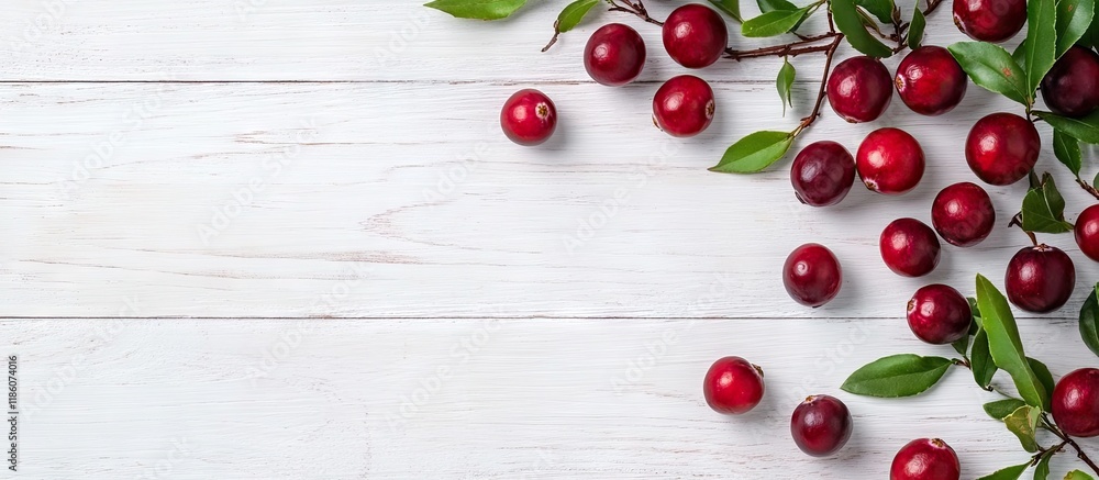 Poster fresh ripe cranberries and branches on a white wooden table top view area for text. with copy space 