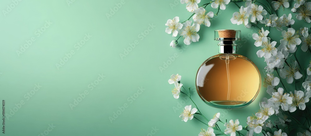Fototapete fragrance with flowers on a green backdrop. with copy space image. place for adding text or design
