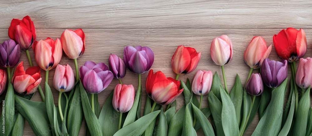 Aufkleber border of fresh red pink and purple tulips on a wooden background. with copy space image. place for 