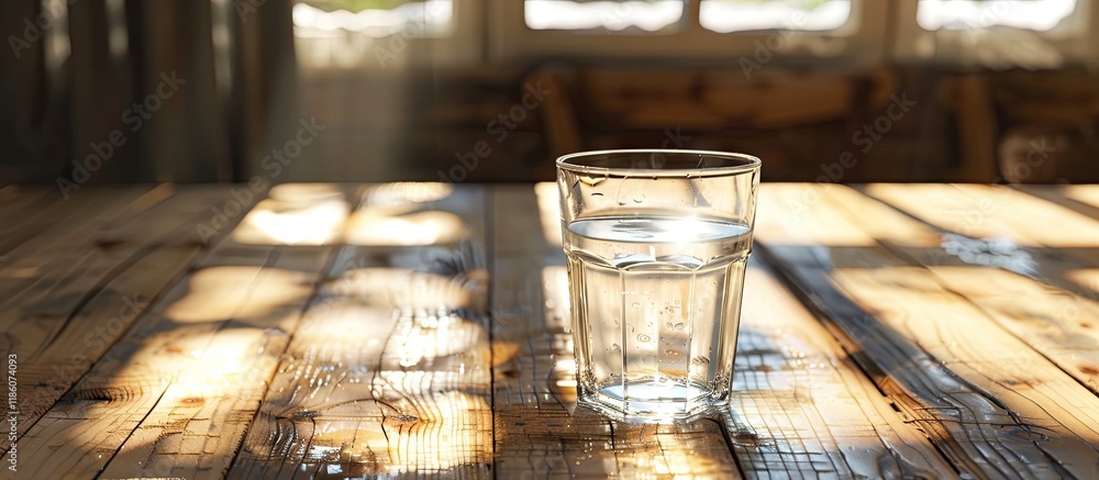 Poster A wooden table with sunlight and a glass of water. with copy space image. Place for adding text or design