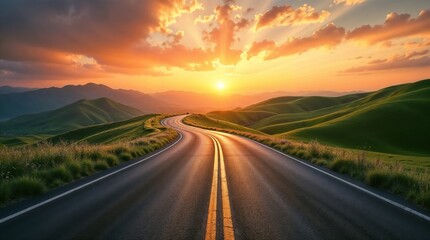 Fototapeta premium Scenic Road at Sunset Leading Through Lush Green Hills and Orange Sky