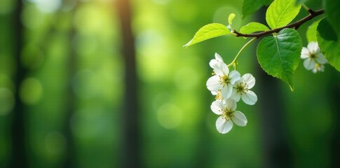 Clusters of small white dogwood flowers dangle from thin branches in the woods, forest, spring, blossoms