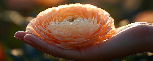 Hand holding peach ranunculus, sunset field