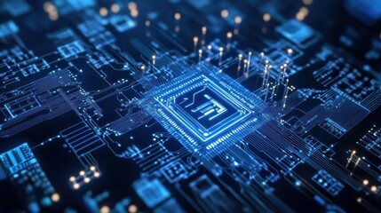 Close-up of a glowing blue computer processor on a circuit board.