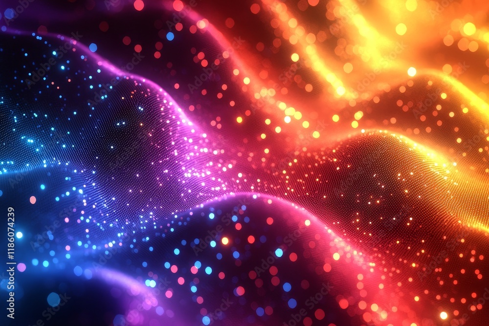 Poster a seamless 3d animation showcases light pulses smoothly traversing neon curves, set against a mesmer