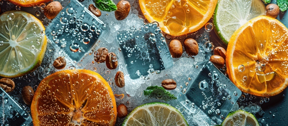 Leinwandbilder Background featuring orange balsamine and green coffee beans in an ice cube with air bubbles Flat lay concept for spring. with copy space image. Place for adding text or design