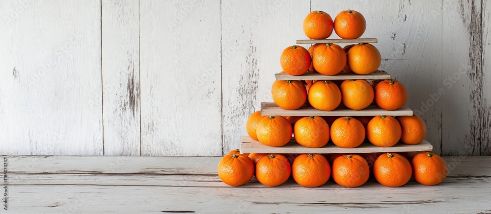 Poster pyramid arrangement of mandarin oranges on a vintage white wood table backdrop. with copy space imag