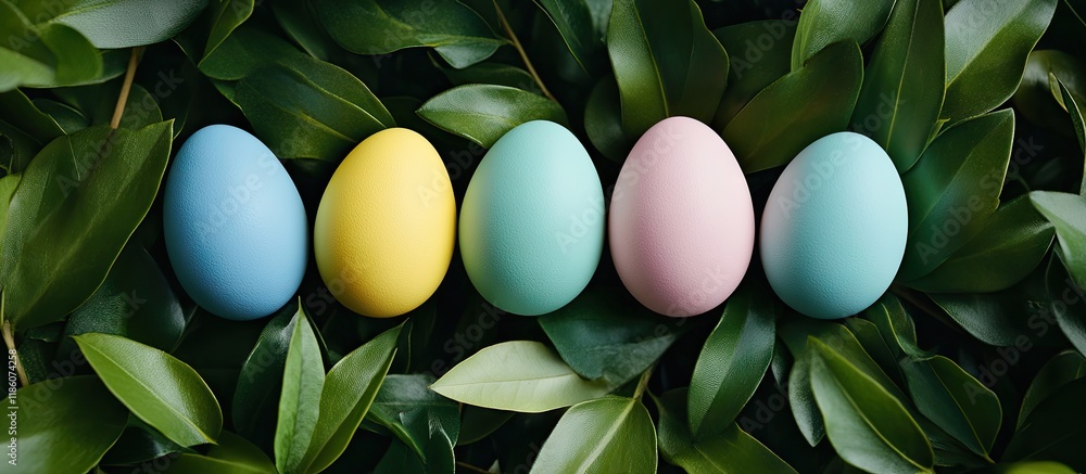 Aufkleber five easter eggs in blue yellow pink and green are nestled among green leaves easter backdrop look f